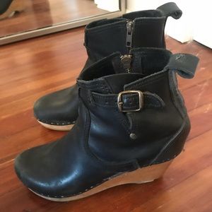 No. 6 leather clog buckle boot on wedge